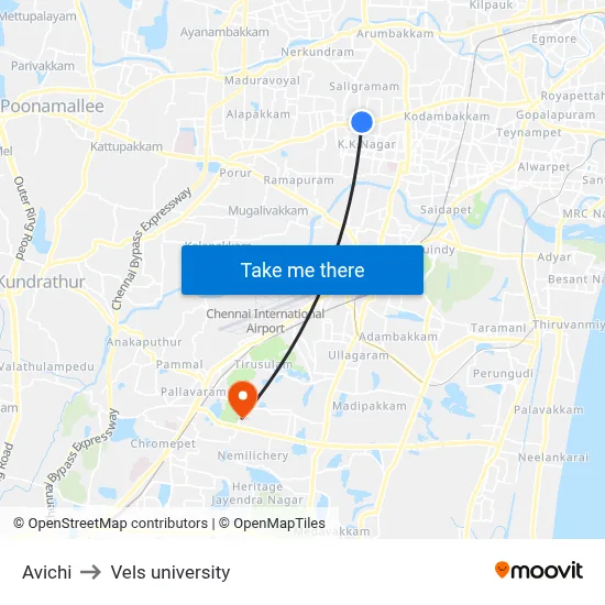 Avichi to Vels university map