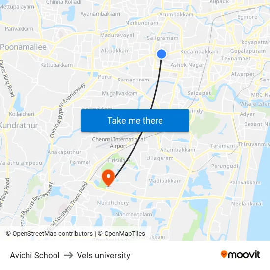 Avichi School to Vels university map