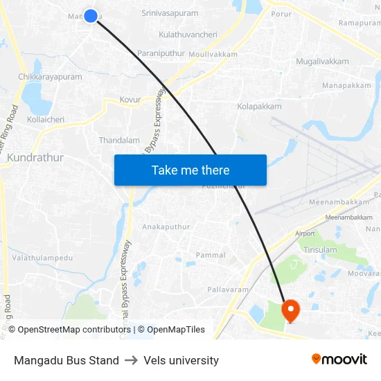 Mangadu Bus Stand to Vels university map