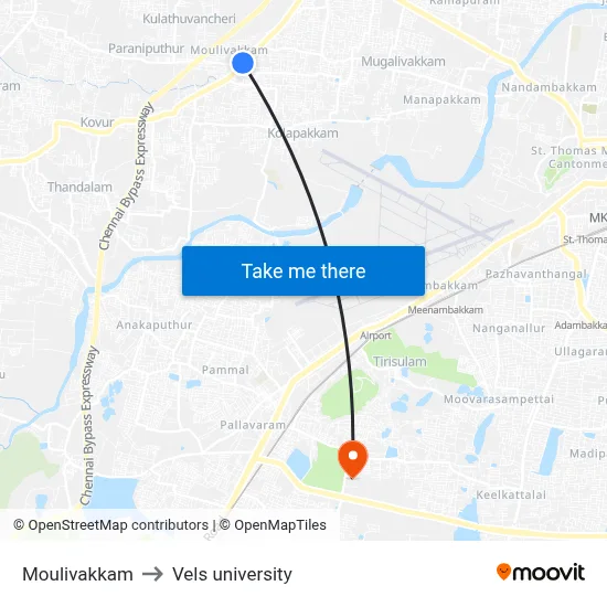 Moulivakkam to Vels university map