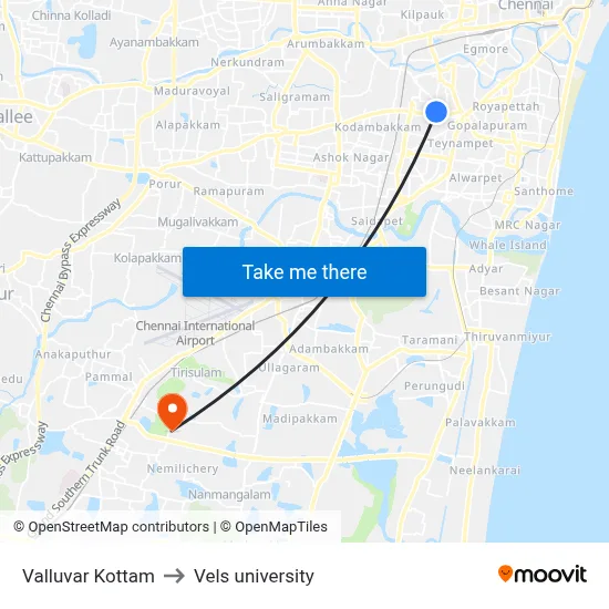 Valluvar Kottam to Vels university map