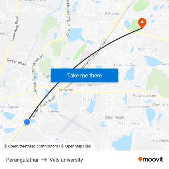 Perungalathur to Vels university map
