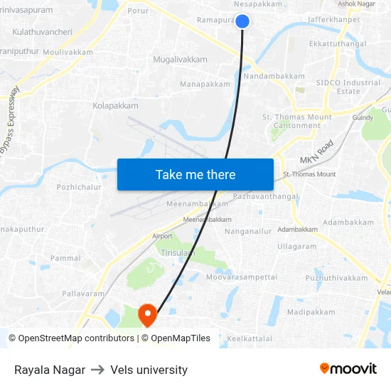 Rayala Nagar to Vels university map