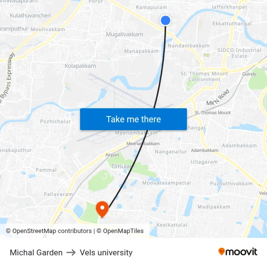 Michal Garden to Vels university map