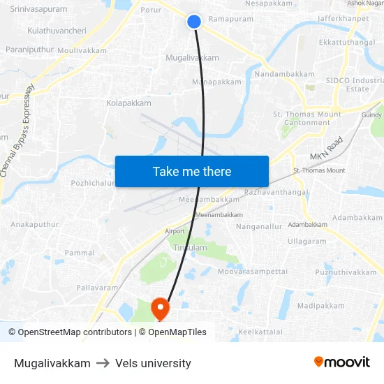 Mugalivakkam to Vels university map