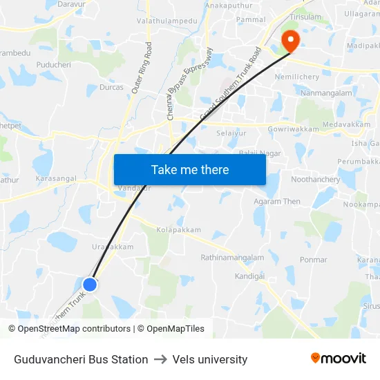 Guduvancheri Bus Station to Vels university map