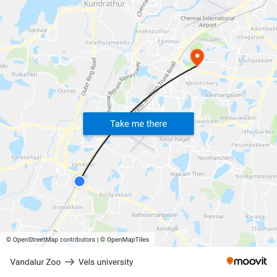 Vandalur Zoo to Vels university map