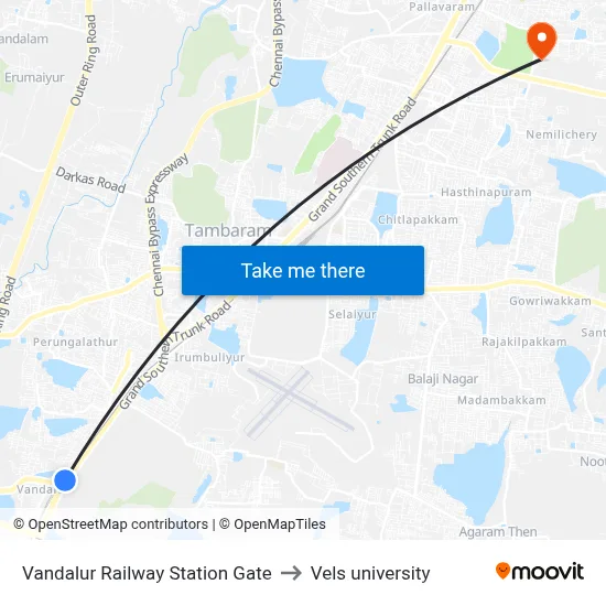 Vandalur Railway Station Gate to Vels university map