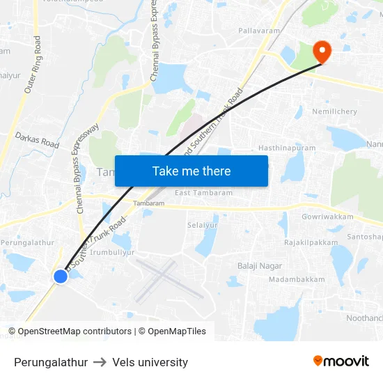 Perungalathur to Vels university map
