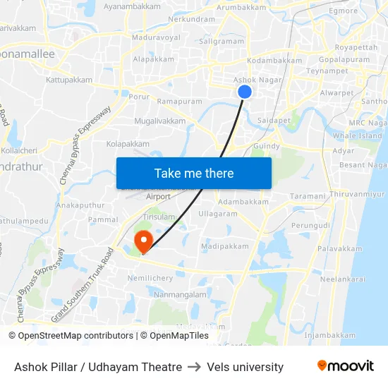 Ashok Pillar / Udhayam Theatre to Vels university map