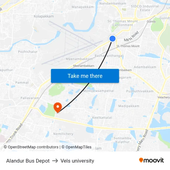 Alandur Bus Depot to Vels university map
