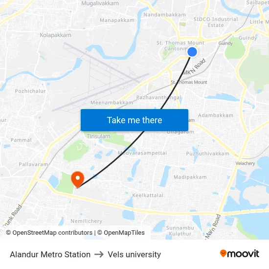 Alandur Metro Station to Vels university map