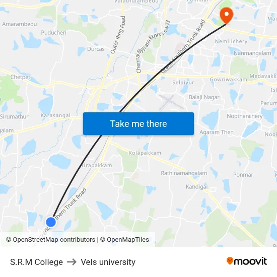 S.R.M College to Vels university map