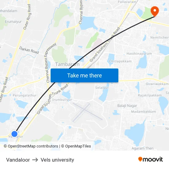 Vandaloor to Vels university map