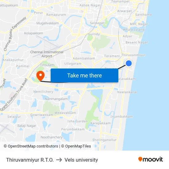 Thiruvanmiyur R.T.O. to Vels university map
