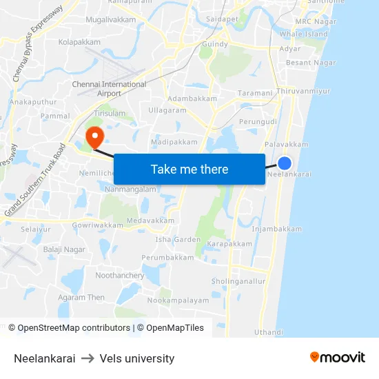 Neelankarai to Vels university map