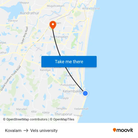 Kovalam to Vels university map