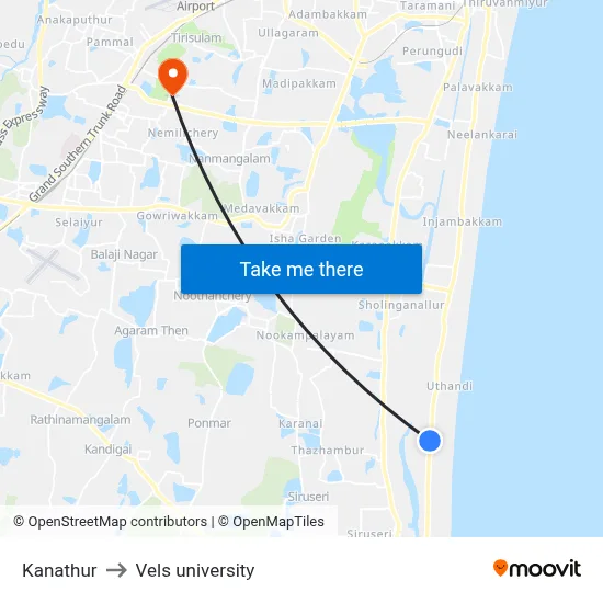 Kanathur to Vels university map