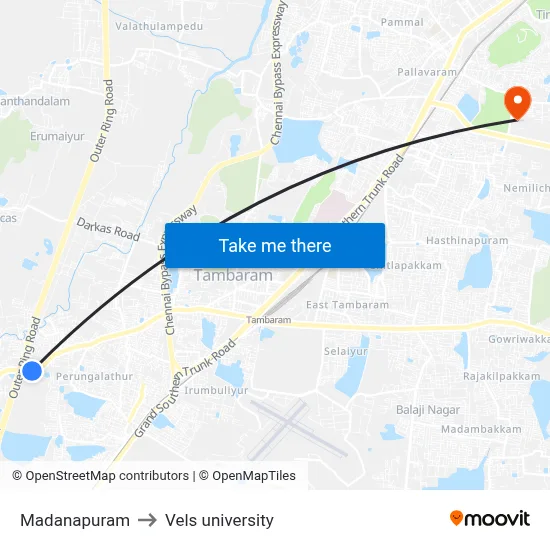 Madanapuram to Vels university map