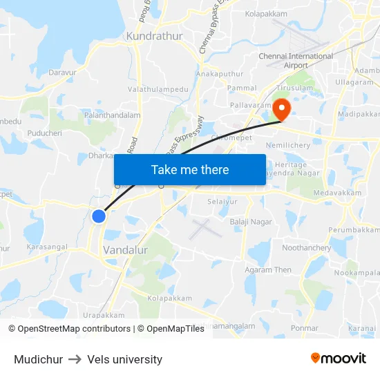 Mudichur to Vels university map