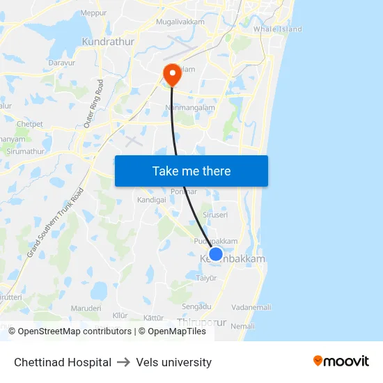 Chettinad Hospital to Vels university map