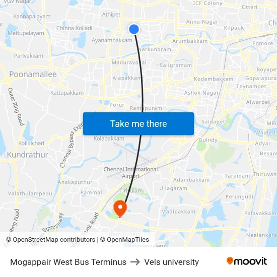 Mogappair West Bus Terminus to Vels university map