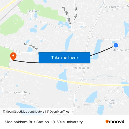 Madipakkam Bus Station to Vels university map