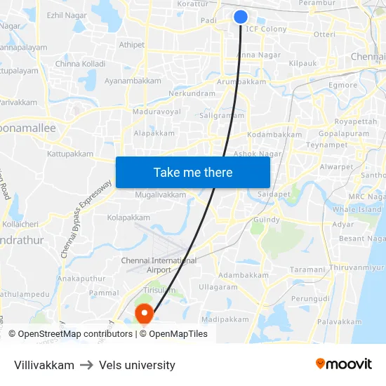 Villivakkam to Vels university map