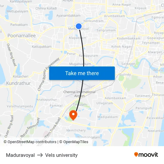 Maduravoyal to Vels university map