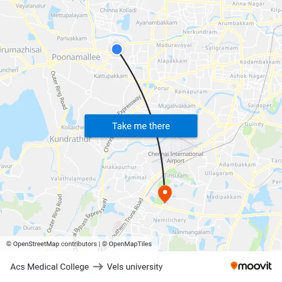 Acs Medical College to Vels university map