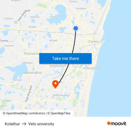 Kolathur to Vels university map