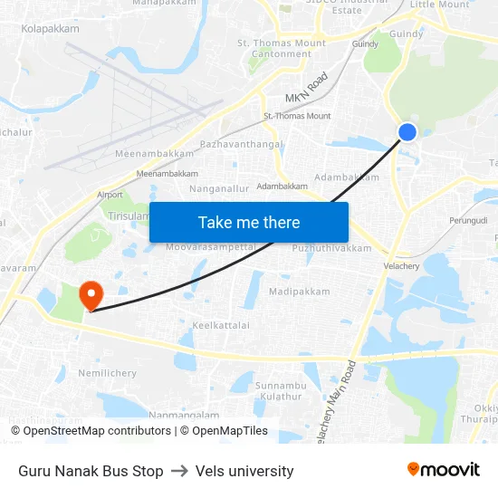 Guru Nanak Bus Stop to Vels university map