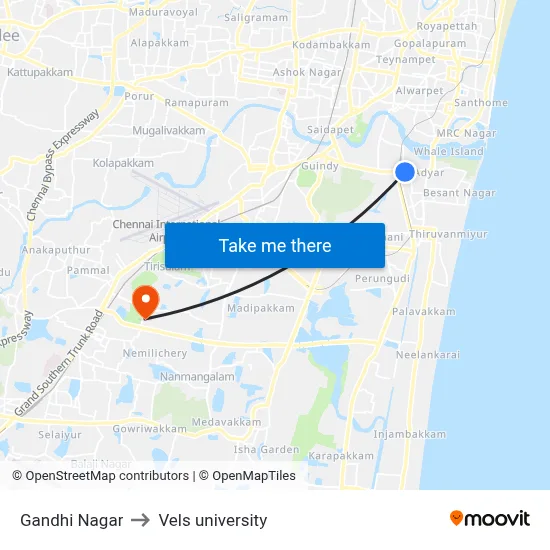 Gandhi Nagar to Vels university map