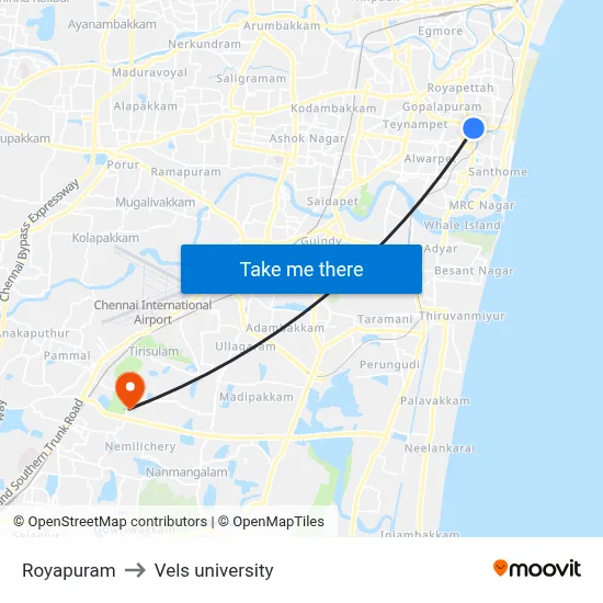Royapuram to Vels university map