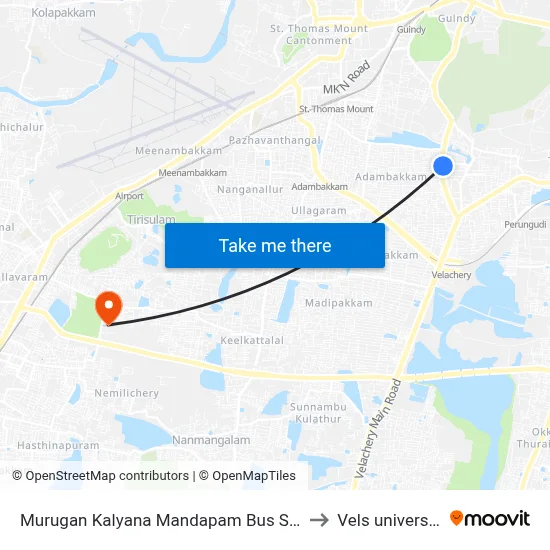 Murugan Kalyana Mandapam Bus Stop to Vels university map