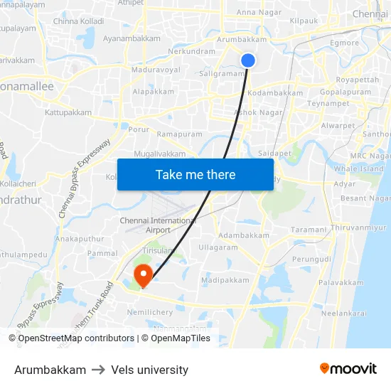 Arumbakkam to Vels university map