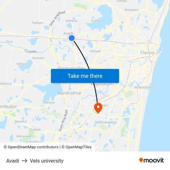 Avadi to Vels university map