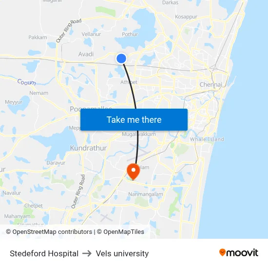 Stedeford Hospital to Vels university map