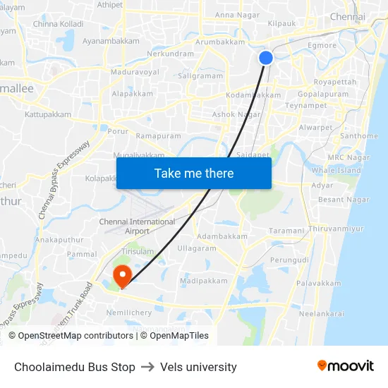 Choolaimedu Bus Stop to Vels university map