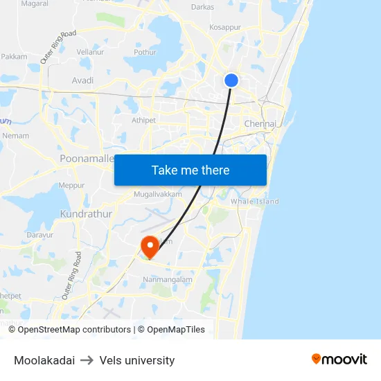 Moolakadai to Vels university map