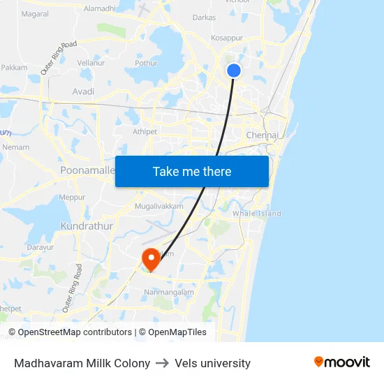 Madhavaram Millk Colony to Vels university map