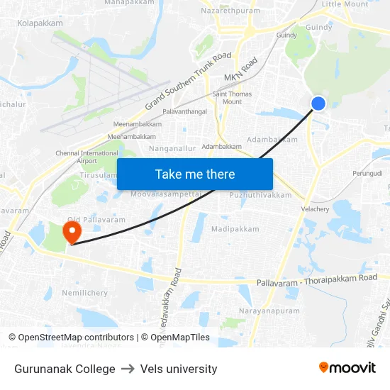 Gurunanak College to Vels university map