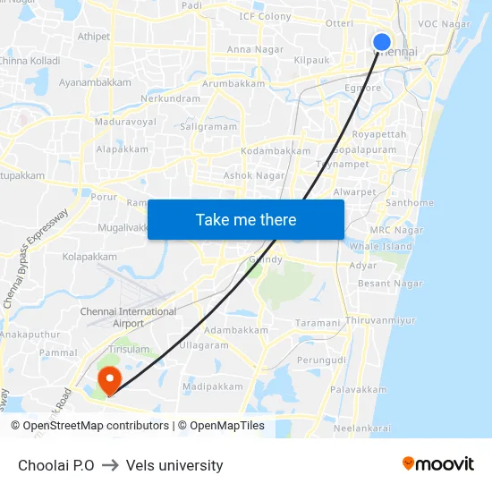 Choolai P.O to Vels university map