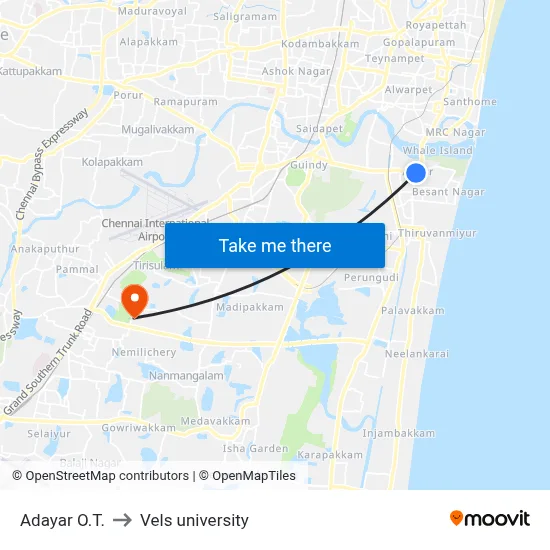 Adayar O.T. to Vels university map