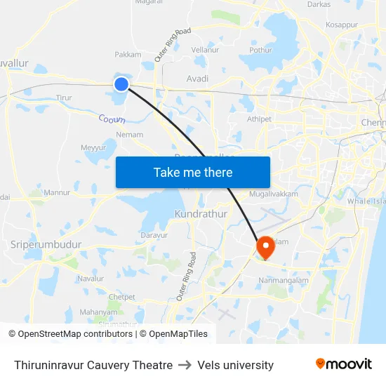 Thiruninravur Cauvery Theatre to Vels university map