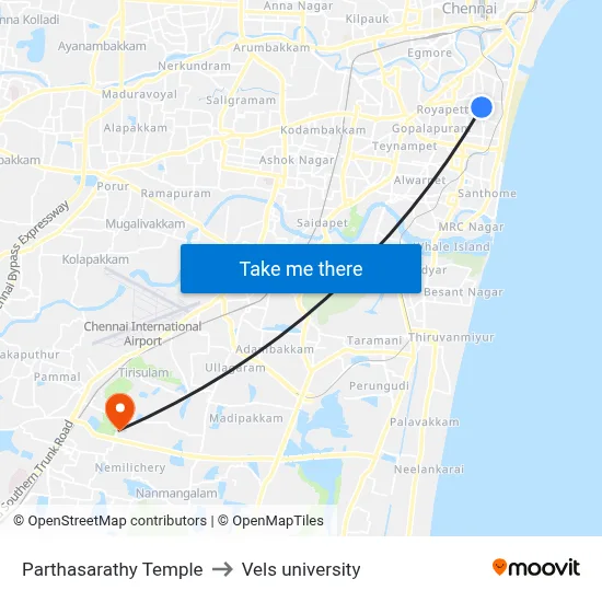 Parthasarathy Temple to Vels university map