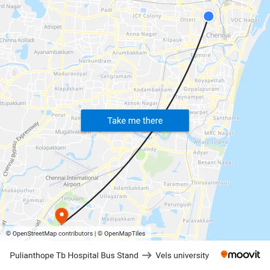 Pulianthope Tb Hospital Bus Stand to Vels university map