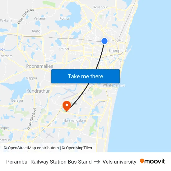 Perambur Railway Station Bus Stand to Vels university map