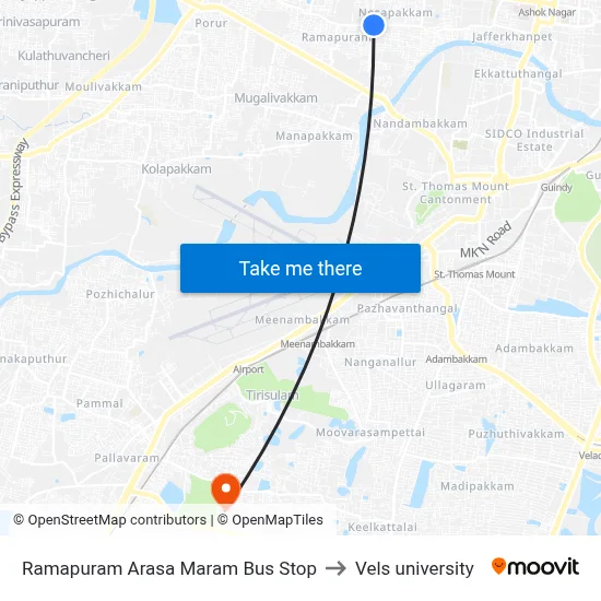 Ramapuram Arasa Maram Bus Stop to Vels university map