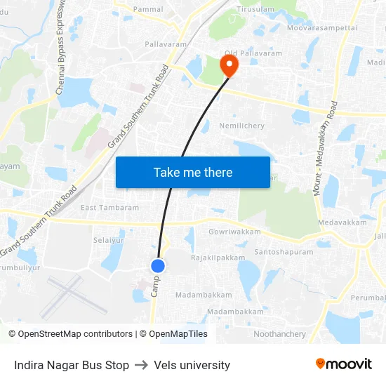 Indira Nagar Bus Stop to Vels university map